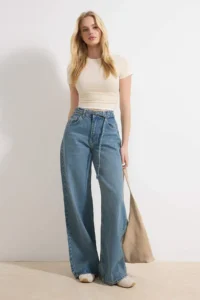 TRENDYOLMİLLA Mavi Arched High Waist Wide Leg Wide Leg 100% Cotton jeans