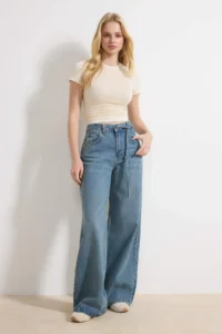 TRENDYOLMİLLA Mavi Arched High Waist Wide Leg Wide Leg 100% Cotton jeans - Image 2
