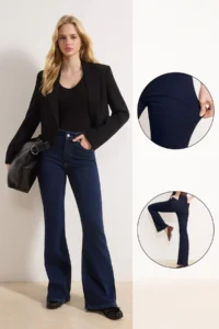TRENDYOLMİLLA Dark Blue High Waist Flare Soft Extra Stretch Knitting Jeans