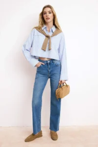 TRENDYOLMİLLA Mavi Cut Hem High Waist Less Flexible Straight Plain Cut jeans