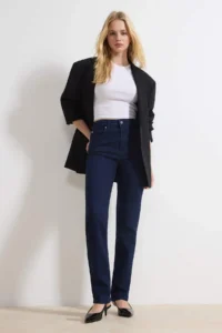 TRENDYOLMİLLA Dark Blue High Waist Less Flexible Straight Plain Cut slim jeans