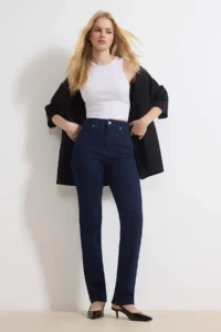 TRENDYOLMİLLA Dark Blue High Waist Less Flexible Straight Plain Cut slim jeans - Image 2