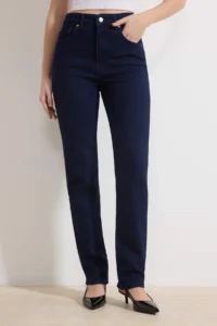 TRENDYOLMİLLA Dark Blue High Waist Less Flexible Straight Plain Cut slim jeans - Image 3