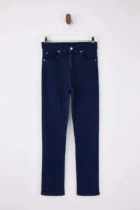 TRENDYOLMİLLA Dark Blue High Waist Less Flexible Straight Plain Cut slim jeans - Image 5