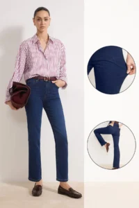 TRENDYOLMİLLA Dark Blue High Waist Straight Soft Extra Stretch Knitting Jeans