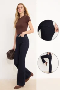 TRENDYOLMİLLA Dark Blue Raw High Waist Middle Flexible Flare LONG Size jeans