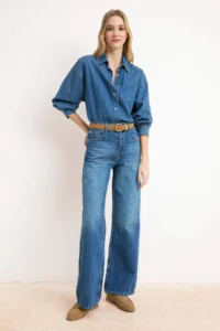 TRENDYOLMİLLA Mavi DRAPPY High Waist 100% Cotton Wide Leg jeans
