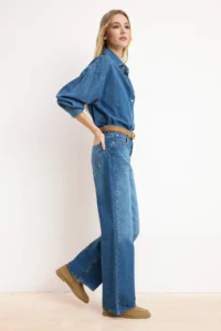 TRENDYOLMİLLA Mavi DRAPPY High Waist 100% Cotton Wide Leg jeans - Image 2
