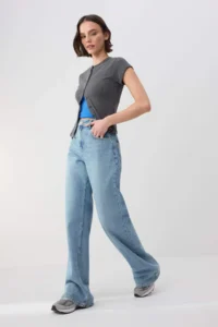 TRENDYOLMİLLA TRENDYOLMiLLA Wardrope Essentials Blue Draped High Waist 100% Cotton Wide Leg jeans - Image 2