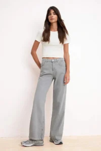 TRENDYOLMİLLA Gray Draped High Waist Seasonal 100% Cotton LONG Size Wide Leg jeans - Image 2