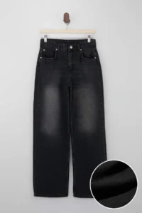 TRENDYOLMİLLA Black Draped Regular Waist 100% Cotton LONG Size Wide Leg jeans - Image 5