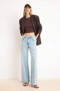 TRENDYOLMİLLA Premium Blue Special Material Regular Waist LONG Size 100% Cotton LOOSE Wide Leg jeans