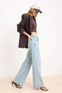 TRENDYOLMİLLA Premium Blue Special Material Regular Waist LONG Size 100% Cotton LOOSE Wide Leg jeans - Image 2