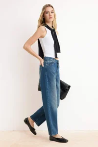 TRENDYOLMİLLA Premium Blue Special Material Draped Tencel Blended High Waist Short Size barrel jeans - Image 2