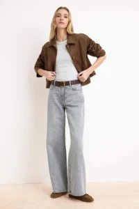 TRENDYOLMİLLA Premium Gray Special Material Regular Waist 100% Cotton Wide Leg Wide Leg jeans