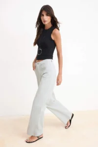 TRENDYOLMİLLA Gray Draped High Waist 100% Cotton Wide Leg jeans - Image 2