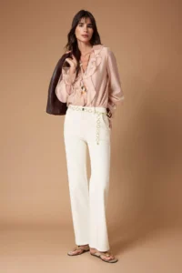 TRENDYOLMİLLA Ecru Chain Belt Detailed High Waist Less Flexible Wide Leg jeans