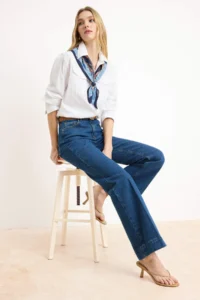 TRENDYOLMİLLA Dark Blue High Waist Iron Trace Less Flexible Wide Leg jeans