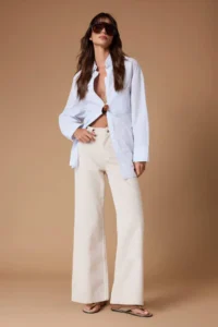 TRENDYOLMİLLA Ecru Draped Belt Detailed 100% Cotton High Waist Wide Leg jeans