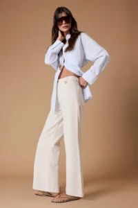 TRENDYOLMİLLA Ecru Draped Belt Detailed 100% Cotton High Waist Wide Leg jeans - Image 2