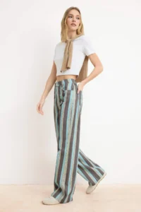 TRENDYOLMİLLA Multicolored Draped Striped Printed 100% Cotton High Waist Wide Leg jeans - Image 2