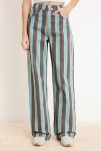 TRENDYOLMİLLA Multicolored Draped Striped Printed 100% Cotton High Waist Wide Leg jeans - Image 3