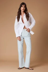 TRENDYOLMİLLA Multicolored Draped Striped High Waist Straight Plain Cut jeans - Image 2