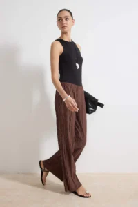 TRENDYOLMİLLA Brown Regular Waist Pipe Both textured Knitting Pants - Image 2