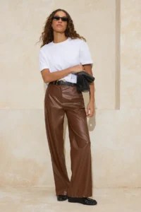 TRENDYOLMİLLA Dark Brown Wide Leg Weaving Faux Leather Pants