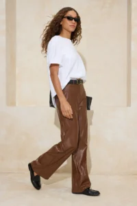 TRENDYOLMİLLA Dark Brown Wide Leg Weaving Faux Leather Pants - Image 2