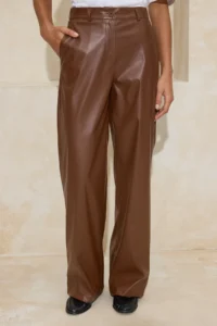 TRENDYOLMİLLA Dark Brown Wide Leg Weaving Faux Leather Pants - Image 3