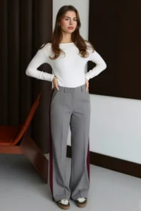 TRENDYOLMİLLA Anthracite Burgundy Striped Thick Touched/Winter Weaving Pants - Image 2