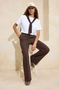 TRENDYOLMİLLA Brown Stoperli Striped Straight/Plain Kesim Elastic Waist Pants