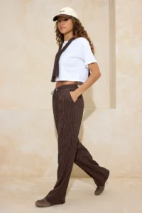 TRENDYOLMİLLA Brown Stoperli Striped Straight/Plain Kesim Elastic Waist Pants - Image 2