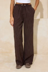 TRENDYOLMİLLA Brown Stoperli Striped Straight/Plain Kesim Elastic Waist Pants - Image 4
