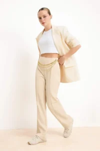 TRENDYOLMİLLA Beige Stone Belt Detailed Wide Leg/Wide Leg Pants - Image 2