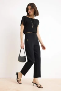 TRENDYOLMİLLA Black Premium Back Elastic Waist Carrot Button Detailed Dress Pants - Image 2