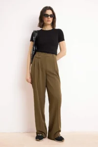 TRENDYOLMİLLA Khaki Premium Draped Wide Leg/Wide Leg Dress Pants