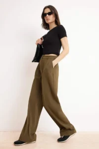 TRENDYOLMİLLA Khaki Premium Draped Wide Leg/Wide Leg Dress Pants - Image 2