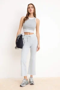 TRENDYOLMİLLA Gray Melanj Wide Leg/Wide Leg Regular Waist Short Cotton Rib Knitting Pants