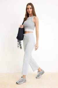 TRENDYOLMİLLA Gray Melanj Wide Leg/Wide Leg Regular Waist Short Cotton Rib Knitting Pants - Image 2