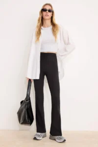 TRENDYOLMİLLA Black Flare/flared leg Ruffle Detailed High Waist LONG Ribbed Flexible Knitting Pants