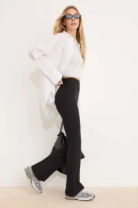 TRENDYOLMİLLA Black Flare/flared leg Ruffle Detailed High Waist LONG Ribbed Flexible Knitting Pants - Image 2