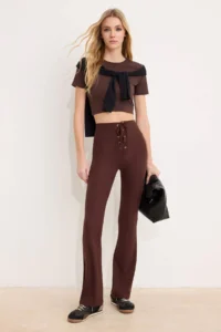 TRENDYOLMİLLA Brown Flare/flared leg High Waist Laced LONG Ribbed Flexible Knitting Pants