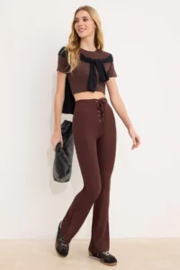 TRENDYOLMİLLA Brown Flare/flared leg High Waist Laced LONG Ribbed Flexible Knitting Pants - Image 2