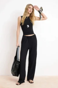 TRENDYOLMİLLA Black Wide Leg/Wide Leg Elastic textured Knitting Pants