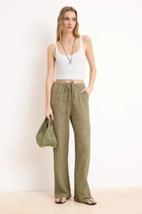 TRENDYOLMİLLA Khaki Wide Leg/Wide Leg Elastic textured Knitting Pants