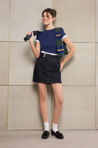 TRENDYOLMiLLA Teen Dark Blue Waist Detailed 100% Cotton Denim Shorts Skirt