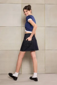 TRENDYOLMiLLA Teen Dark Blue Waist Detailed 100% Cotton Denim Shorts Skirt - Image 3