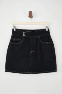 TRENDYOLMiLLA Teen Dark Blue Waist Detailed 100% Cotton Denim Shorts Skirt - Image 6